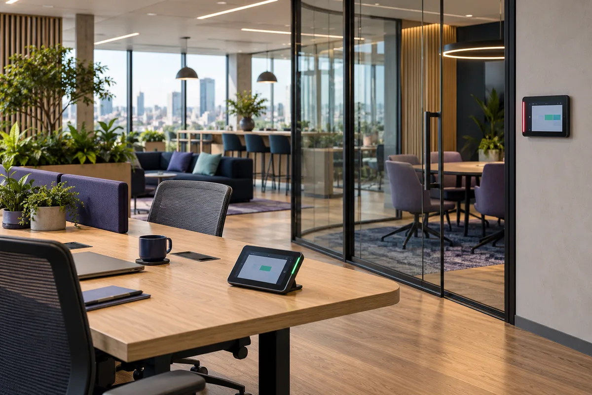 Illustrative workplace with a desk reservation device and a meeting-room door panel