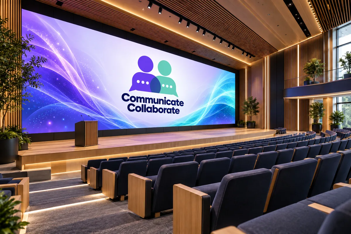 Illustrative auditorium with a large continuous stage display showing CC branding