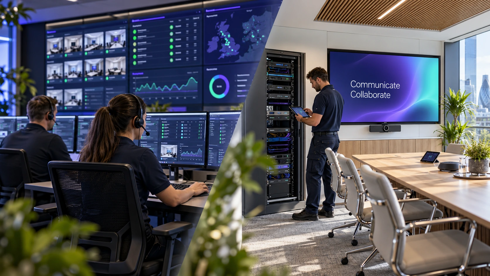 Illustrative remote AV network operations centre with two support analysts alongside an onsite engineer using a tablet beside a meeting-room AV rack and a Communicate Collaborate branded display