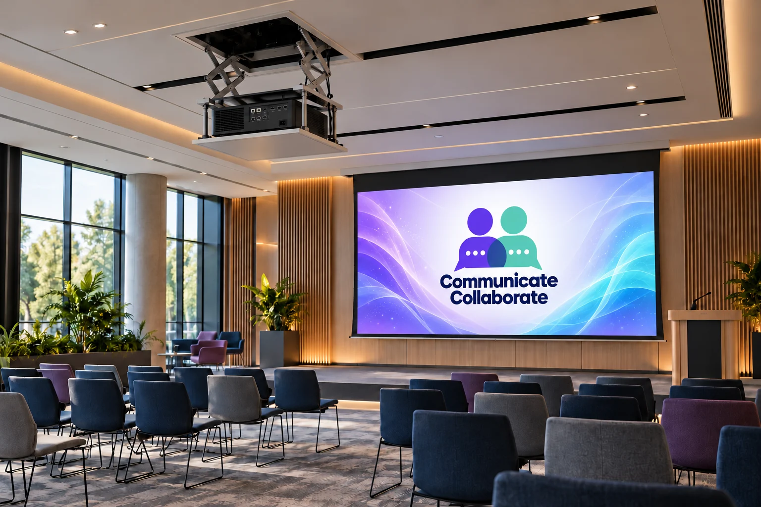 Training-room concept with a ceiling projector lift, rear connector panel facing the viewer, and a drop-down screen showing the Communicate Collaborate logo and purple/aqua graphics
