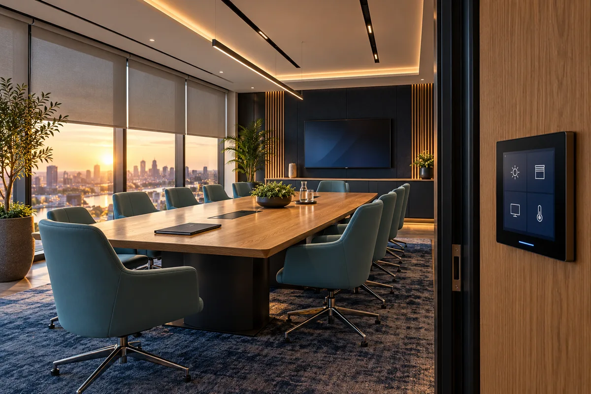 Illustrative boardroom with a wall touchscreen, partly lowered roller blinds and architectural lighting