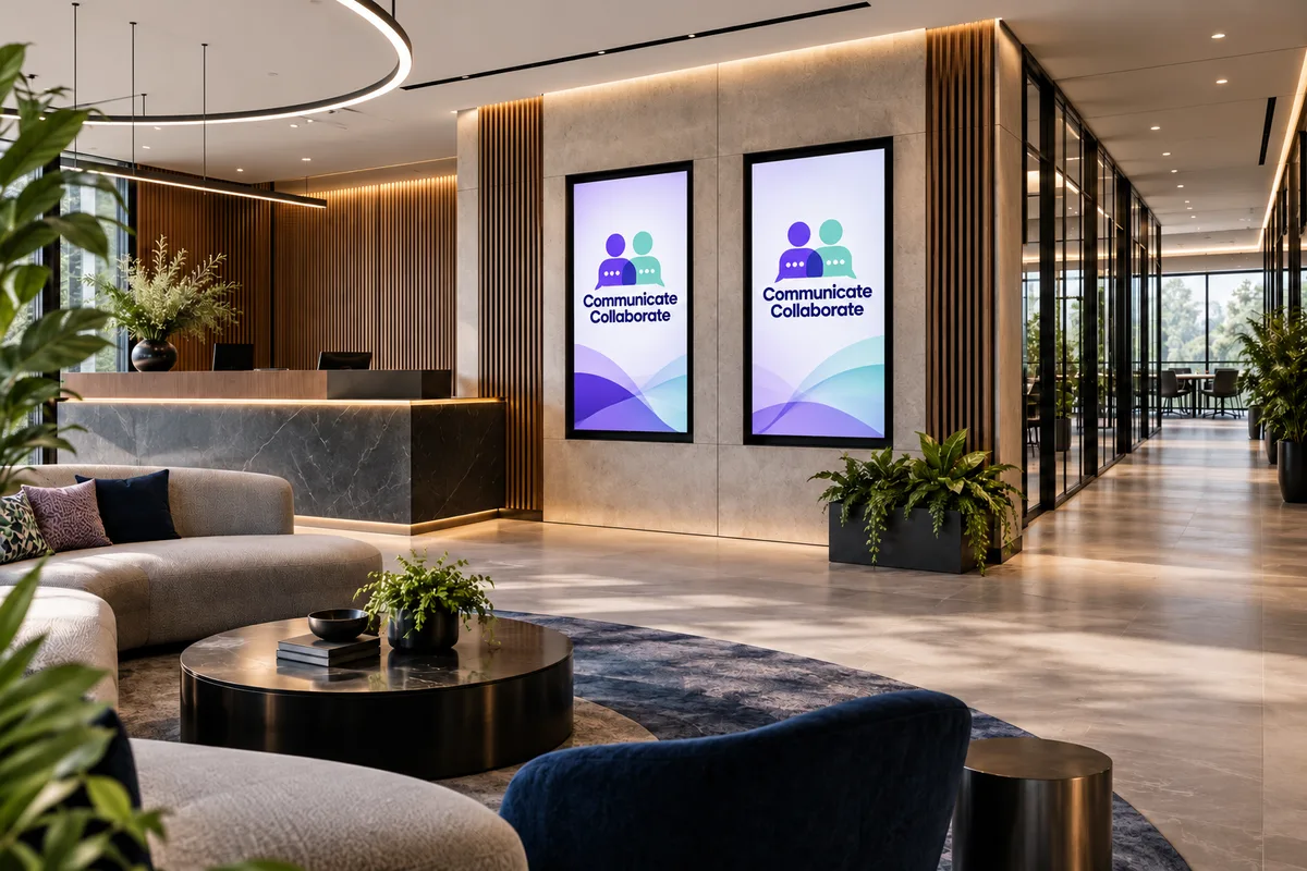 Illustrative reception with two portrait displays showing CC branding
