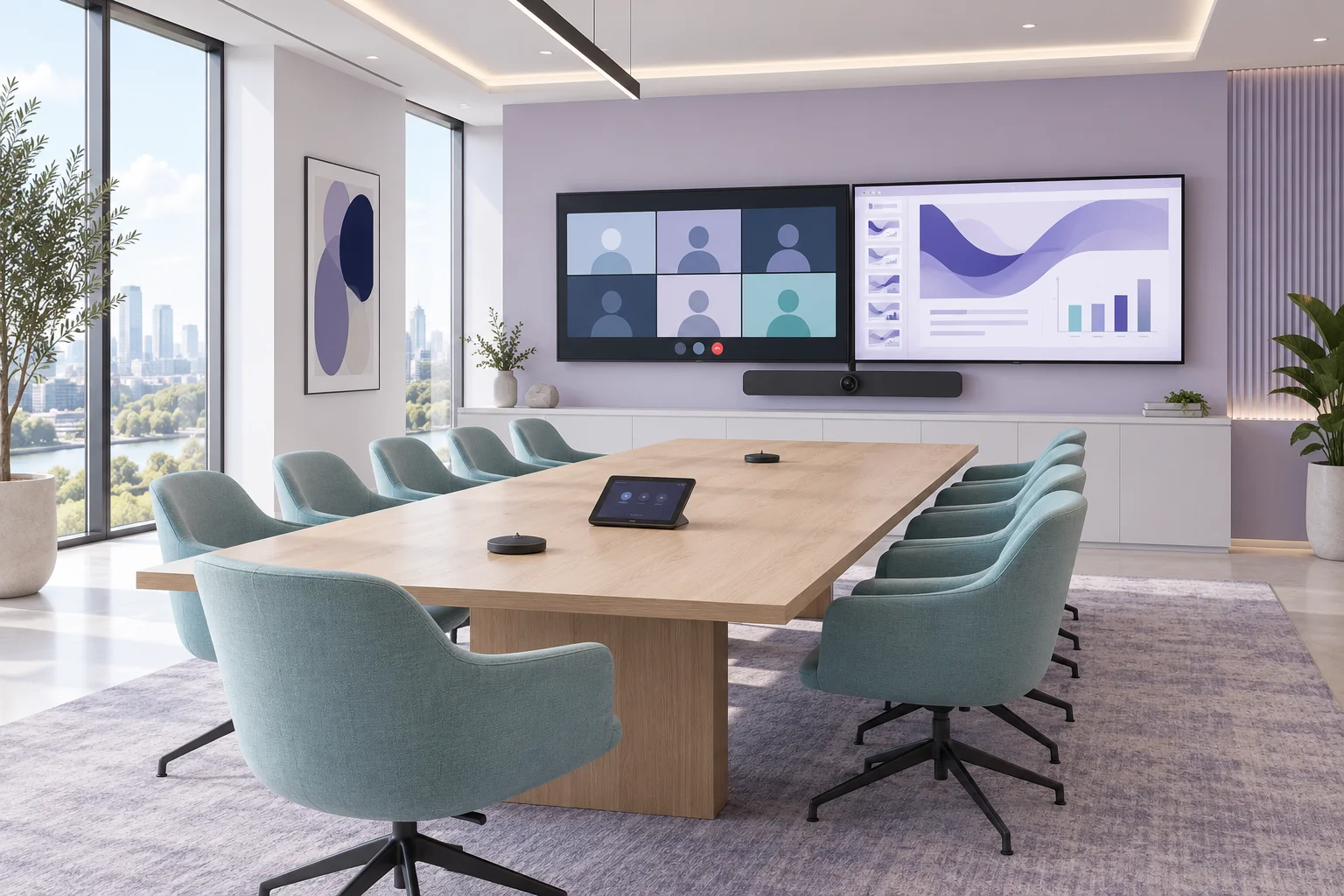 A larger meeting space with seating arranged around a shared display