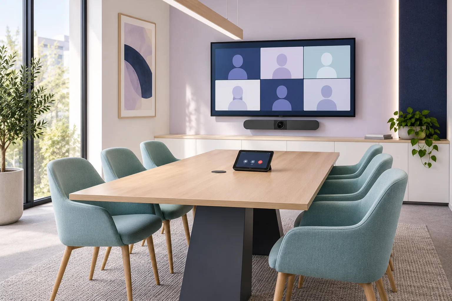 A naturally lit meeting room with a table, seating and a wall display