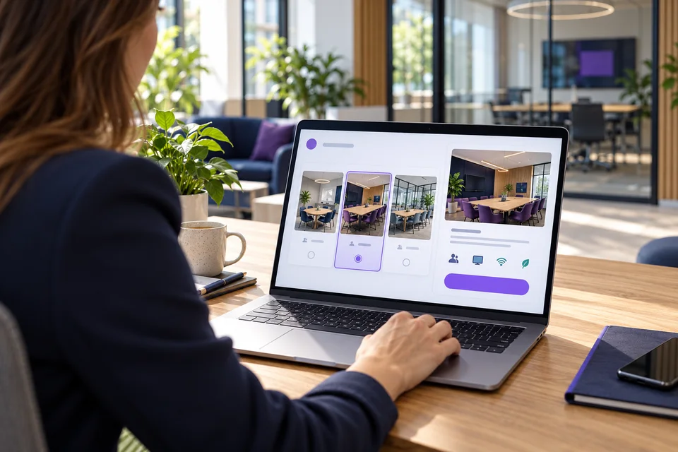 Customer choosing a meeting room on a laptop — concept illustration