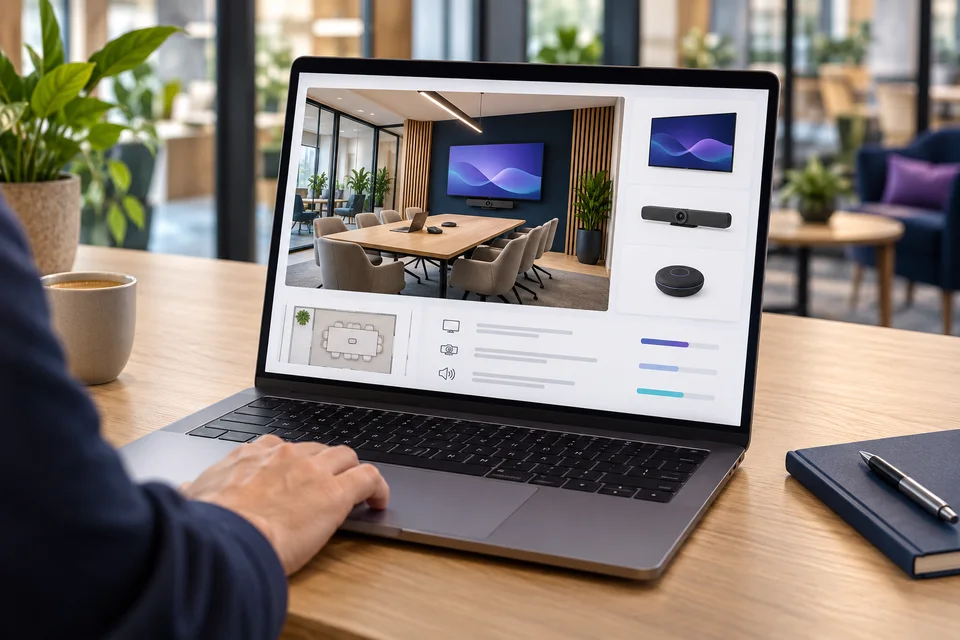 Laptop displaying a room proposal and equipment summary — concept illustration