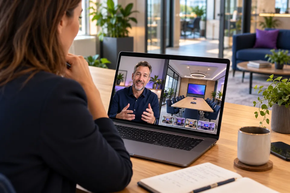Customer reviewing a room design on a consultant video call — concept illustration