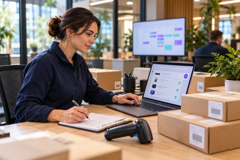 Coordinator checking an order beside cartons and a scanner — concept illustration