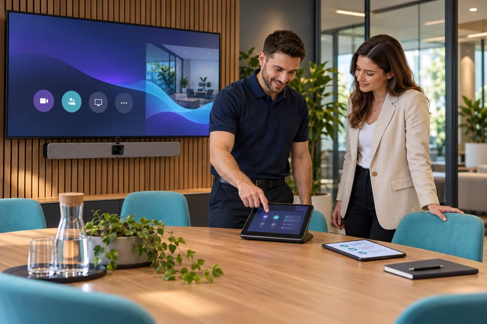 Engineer demonstrating a room controller during handover — concept illustration